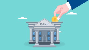 bir banka vektör ilüstrasyonunda para yatırımı, nesne finansal yatırım, bankaya nakit para yatırımı, büküm konseptinde kar, iş adamı altın parayı banka inşa konsepti tasarımına yatırıyor