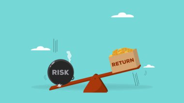 Yüksek riskli yüksek geri dönüşlü iş yatırım illüstrasyon, yatırımcı menkul kıymetler iştahı riske ve yatırım varlık yüksek ödül almak için, tahterevalli üzerinde ağırlık dolar para bir kutu oluşturur