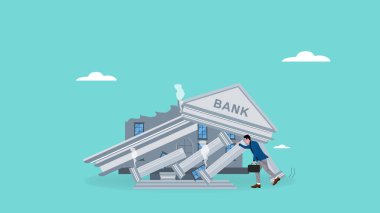 Bankacılık çöküş konsepti, finansal kriz, harap banka konsepti, iflas, hayal kırıklığına uğramış iş adamı çökmekte olan banka inşa kavramı modern vektör ilüstrasyonuna düz stil ile bakıyor