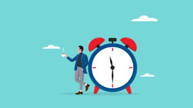 İş adamı kavramına ara verme zamanı, kahve içerken dinlenmek ve büyük bir saate yaslanmak, kahve molası vermek ve uzun stres konsepti çizimlerini tazelemek.