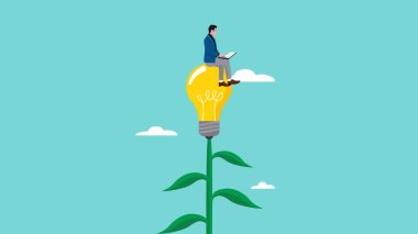 Büyümek ve başarı için daha fazla bilgi edinmek, yeni beceri kazanmak için çalışmak, bir ampul bitkisi konsepti çizimi üzerinde çalışan iş adamı düz stil çizimi