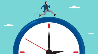 İş adamının son teslim tarihi projesini, iş sürecindeki zaman yönetimini, son teslim tarihi konseptini, öz disiplini, acil konsept vektör ilülasyonunu temsil etmeye uygun saat illüstrasyonuyla çalışması