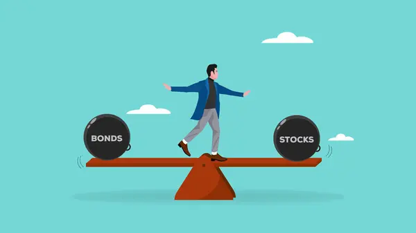 Akcje Obligacje Równowadze Ilustracja Waga Piłka Huśtawce Wyobrażane Jako Zrównoważone — Wektor stockowy