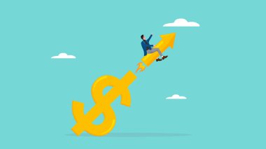 Hızlı ekonomik büyüme kavramı, dolar sembolü düz vektör illüstrasyonundan rokete binen bir iş adamı. Satışları arttırıyorum. Finansal kar artışı. ok sembolü ile yatırıma dönüş