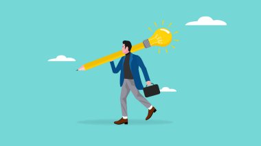 En iyi iş adamı, büyük parlayan bir ampul ve grafit kalem çizimi taşıyor. Bilgi. düz stil ile iş başarısı illüstrasyonu yaratmak için yaratıcılık veya yenilik