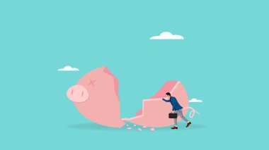 Mutsuz bir işadamı ve domuz kumbarası. finansal hata, finansal kriz ve şirketin iflası, finans ekonomisi çökmesi, iflas konsepti düz vektör çizimi