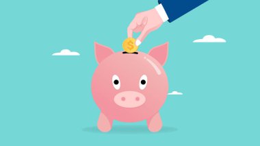 Para biriktiriyorum. İşadamı elini kumbaraya altın para koyuyor. Para ve yatırım tasarrufu, zenginlik. Para biriktirerek, finansal okuryazarlık yaparak, aile parası biriktirerek geleceğe hazırlanmak.