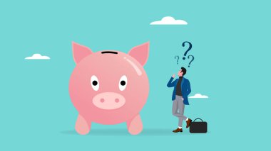 Kafası karışmış işadamı domuz kumbarası ve soru işaretleri finansal soru veya tasarruf sorunu, para çözümü, tasarruf ve yatırım, zenginlik konsepti tasarımı hakkında tanımlamaya uygun