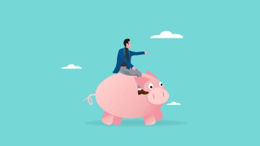 İşadamı, yönetim kavramını tanımlamak için uygun bir domuz kumbarası illüstrasyonuna biniyor. İleride yatırım yapmayı hedefliyor. düz vektör illüstrasyonu