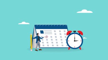 İş adamı, takvim vektör illüstrasyonunda önemli bir günde kırmızı daire çizer, önemli randevunun takvim tarihi, hatırlatıcı veya etkinlik takvimi, iş bitiş tarihi veya başlatma tarihi planlama