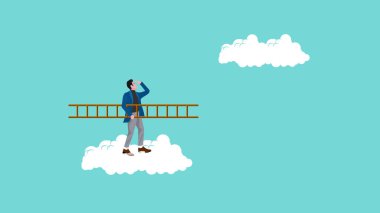 iş adamı, iş geliştirme, strateji veya kariyer ilerlemesi için çözüm, iş dünyasının hedeflerine doğru attığı adımlar, düz bir merdiven konsepti çizimi kullanarak bulutlara tırmanıyor