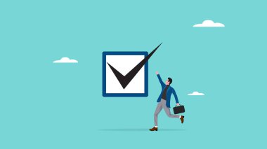 Çalışma listesi strateji planı, seyahat işi hedefi kariyer illüstrasyonu ile iş hedeflerine başarıyla ulaşılması, iş adamı masa konsepti illüstrasyon kutusunu işaretleyerek iş listesini tamamladı