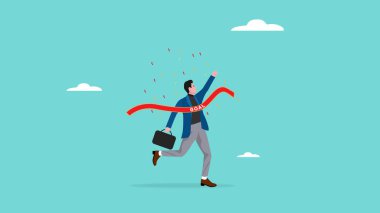 kariyer başarısı veya iş hedefi, iş hedefine ulaşmak, mutlu iş adamı iş hedefleri şeridi çizgisini geçiyor düz tasarım tarzıyla vektör illüstrasyonu