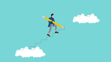 Kariyer gelişimi, iş hedefine ulaşmak için merdiven yapmak kariyer yolu kavramını geliştirme çabası, iş hedefi ya da gelecek başarılı, iş adamı kariyer başarısına ulaşmak için merdiven çekmek için kurşun kalem kullanıyor.