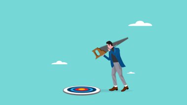 Ticari hedef yönetimi, strateji veya iş hedefi veya hedeflerine ulaşmak için prosedür, iş hedeflerinin bölünmesi kavramı, işadamı testere konsepti çizimi kullanarak hedef tahtasını ikiye böldü