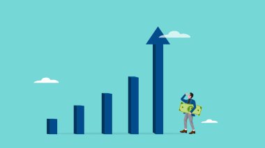 Satışları ve kârı artırmak, hedefe ulaşmak için büyümek, performans konseptini geliştirmek, banknotları taşırken yükselen grafik okuna bakan işadamı