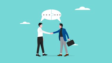 İş anlaşması, belli hedeflere ulaşmak için iş birliği, büyüme veya hedefe ulaşmak için ilerleme, iki iş adamı baloncuk sohbet bulmaca vektör illüstrasyonuyla tokalaşıyor