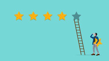 İş adamı kavramına sahip beş yıldızlı çizim bir yıldızı beş yıldızlı sınıflandırma, iş adamlarını düz stile sahip 5 yıldızlı sınıflandırma, müşteri değerlendirme yıldızlı konsept tasarımı
