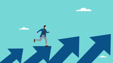 İş hedefine ulaşmak için başarı adımı, hedefe ulaşmak için yol, iş büyümesi kariyer başarısı ve finansal özgürlük için bir sürü gelir, yükselen ok kavramına koşan iş adamı