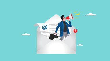 iş bilgilerini e-posta, gazete ve e-posta pazarlama konsepti ile vermek, şirket iş mektupları sunmak, erkekler megafon konsept vektör ilülasyonu kullanarak e-posta harfleriyle bilgi iletmek