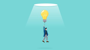 Ticari başarı ya da finansal özgürlük, strateji ya da ticari başarı elde etmek için prosedür, seyahat işi eylem kariyeri, iş adamı ampul balonu konsepti kullanarak uçmak