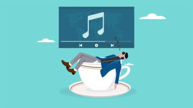 Sanal gerçeklikle karışık gerçeklik kulaklığı ve artırılmış gerçeklik teknolojisi illüstrasyonuyla müzik dinlerken iş adamı uykusunu bırakma zamanı geldi.