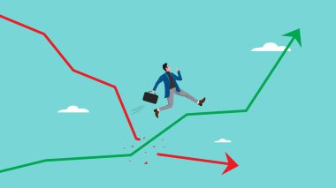 Ticari hedeflere veya hedeflere ulaşmak için iş stratejisini değiştirin, ekonomik krizden kurtulma, iş adamı kırmızı grafikten yeşil büyüyen grafik konsepti çizimine atlıyor