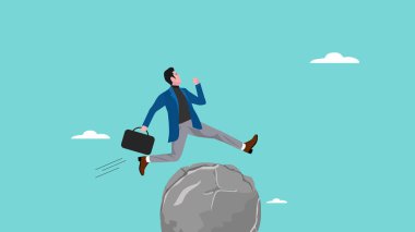 Kariyer başarısının ya da finansal özgürlüğün önündeki engelleri aşmak, sorunu çözme ve şirket başarısını yönlendirme motivasyonu, kendinden emin işadamı, başarı vektörü ilüstrasyonunun önündeki büyük engelleri aşıyor.