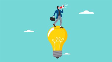 Liderlik, iş adamı megafon kullanarak yön tarifi yaparken ampul, eğitim gücü ve liderlik, duyuru veya iş mesajı konsepti illüstrasyonları