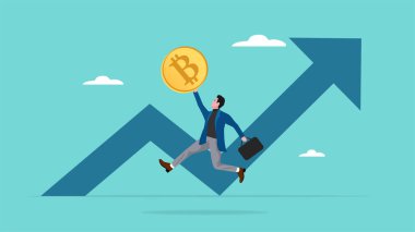 Bitcoin para, Bitcoin ve kripto fiyatlarının yükselmesi, kripto para birimi büyümesi, mutlu iş adamı yatırımcıları büyüme grafiği ile bitcoin para taşırken sıçrama