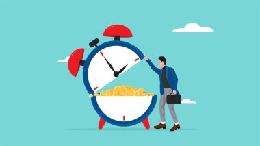 İş adamı kavramından para kazanma zamanı içinde bir yığın altın sikke, uzun vadeli yatırım, kâr veya yatırım kazancı konsept vektör çizimi içeren büyük bir saat açar