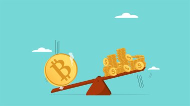 Bitcoin, Bitcoin ve kripto fiyatlarının artması, kripto para birimi büyümesi, tahterevallideki bir bitcoin bir yığın altın sikke kavramından daha değerlidir.