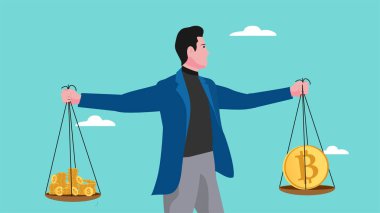 Bitcoin değeri, bitcoin değerinin dolar veya altınla karşılaştırılması, Bitcoin ve kripto fiyatlarının yükselmesi, kripto para değeri artışı, iş adamı bitcoin ve sikkeleri terazide getiriyor