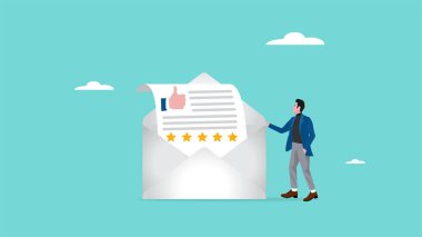 İş adamı kavramına sahip beş yıldızlı sıçan çizimi, e-posta ve iyi geri bildirim ile beş yıldız aldı, müşteri veya müşteri, gözden geçirme yıldızları konsepti vektör ilülasyonu verdi