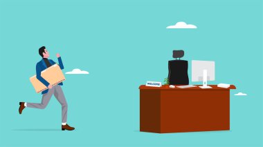 Yeni bir işe başlamak, yeni bir pozisyona terfi etmek ya da boş konsept için personel almak, çalışanlar yeni bir ofise geçmek ya da kariyer basamaklarını tırmanmak, mutlu iş adamı ya da çalışanın yeni iş koltuğuna koşması