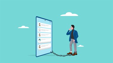 İş Adamı Zincirli Büyük Akıllı Telefon, cep telefonu konseptini aşırı kullanmak, cep telefonu fobisi olsun ya da olmasın, cep telefonu bağlantı illüstrasyonunu kaldırmaktan korkan iş adamları