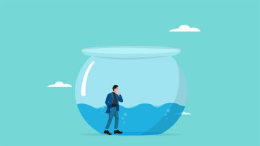 Kafası karışmış bir iş adamıyla iş ya da mali sorunları çözmek için çözümler arıyorum. Su dolu bir balık akvaryumundan kurtulmanın bir yolunu arıyorum. Akvaryum kavanozu konsept vektör çizimi.