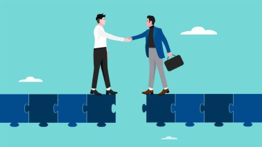 İki iş adamıyla iş yapmak için iş anlaşmaları yapmak bulmaca köprüsünü birbirine bağlamak için tokalaşmak, iş ortaklığı konsepti illüstrasyonunu gerçekleştirmek için anlaşmak