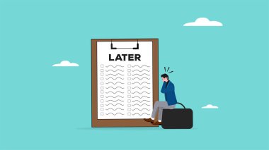 stressed because a lot of work has piled up, delaying work or wasting time, Stressful businessman complete work that has piled up because they are wasting time concept vector illustration clipart