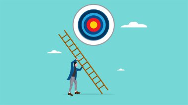 İş hedeflerine ya da hedeflerine ulaşmak için bir başarı merdiveni inşa etmek, hedef konsept illüstrasyonuna ulaşmak için hedef tahtası sembolü veya iş hedeflerine merdiven dayamak,