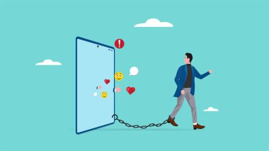 cep telefonu fobisi olsun ya da olmasın, cep telefonu konseptini aşırı kullanmak, cep telefonu bağlantısını kesmekten korkan iş adamları, iş adamı Büyük Akıllı Telefona Zincirli