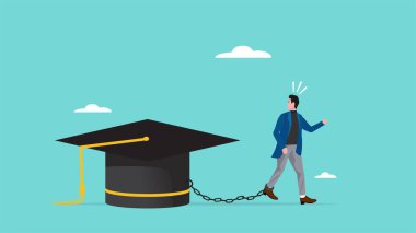 Kariyer başarısını engelleyen eğitim maliyetlerinin yükü, adamım Mezuniyet şapkası konsepti çizimine zincirlenmiş