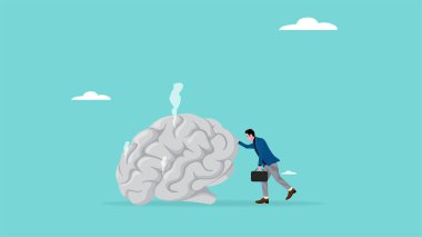 Bozuk beyin konsepti vektör çizimi, pornografi ya da PMO yüzünden beyin hasarı, depresyondaki iş adamı işine konsantre olamıyor çünkü beyni hasar görmüş.