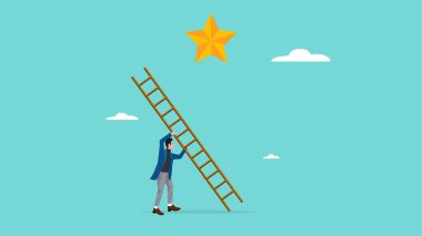 İş hayatında ya da kariyerde başarı umuduna ulaşmak, kariyer geliştirme umutlarına ulaşmak için bir başarı merdiveni inşa etmek, başarılı hedefi simgeleyen yıldıza ulaşmak için bir iş adamı merdiveni inşa etmek.
