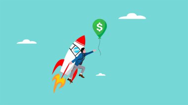 Girişimcilik başarısı ile finansal hedefe ulaşmak, finansal özgürlüğe ulaşmak için girişim işletme yönetimi, iş adamı uçuşu başlangıç roketi kullanarak dolar parasıyla balona ulaşmak