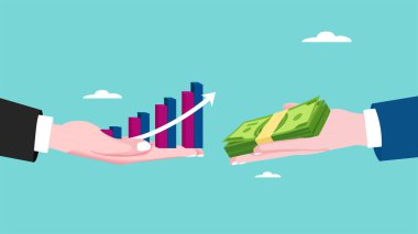 Gelecek vaat eden iş alımları, iş devralma konsepti, bayilik veya şirket satın alımı, işadamı eli başka bir elden iyi büyüyen çubuk grafiği almak için bir tomar banknot veriyor.