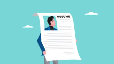 Özgeçmiş ya da CV, yeni iş konseptine başvurmak için mevcut iş profili, özgeçmişi elinde olan işadamı konsept vektör çizimi için çalışma profilini sunar