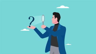 Sorun analizi, iş dünyasındaki ortak sorunların incelenmesi, sorunları çözmek için bilgi arayışı, iş adamı cam konsept illüstrasyonunu kullanarak soru işaretini inceliyor