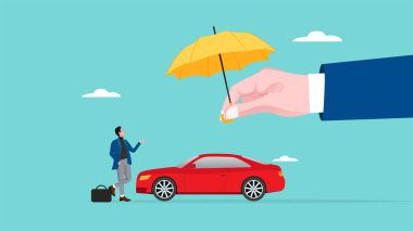 Araba sigortası ya da araba kazalarına karşı sigorta, otomobil koruma konsepti, ulaşım kazası sigortası, büyük işadamı eli arabayı ve sahibini tehlikeden korur