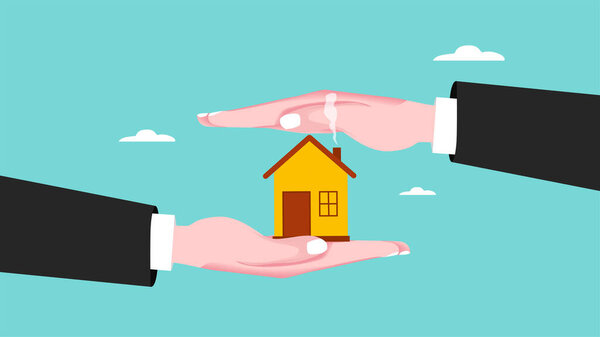 home insurance or homeowners insurance, guarantee to protect the house from damage or loss of contents and structure of the house, big businessman hand protects house with insurance